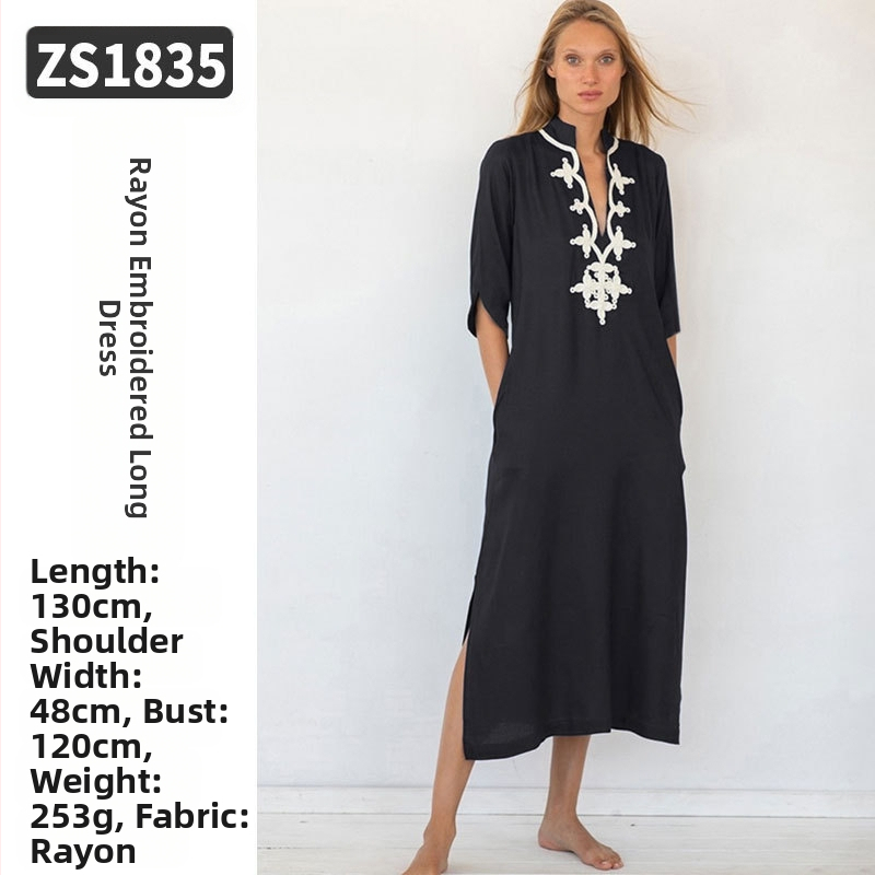 Robe de plajă lungă cu broderie din rayon; căptușeală: rayon, 100% bumbac; stil: îmbrăcăminte de plajă; pentru femei 18–24 ani