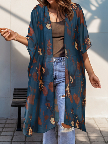 Кардиган с Азтек принт, ръкав тип Бат, дълъг шифонов полиестер, свободна кройка, UPF30+ защита