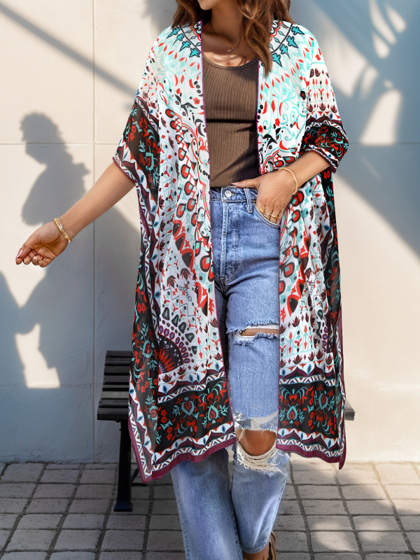 Кардиган с Азтек принт, ръкав тип Бат, дълъг шифонов полиестер, свободна кройка, UPF30+ защита