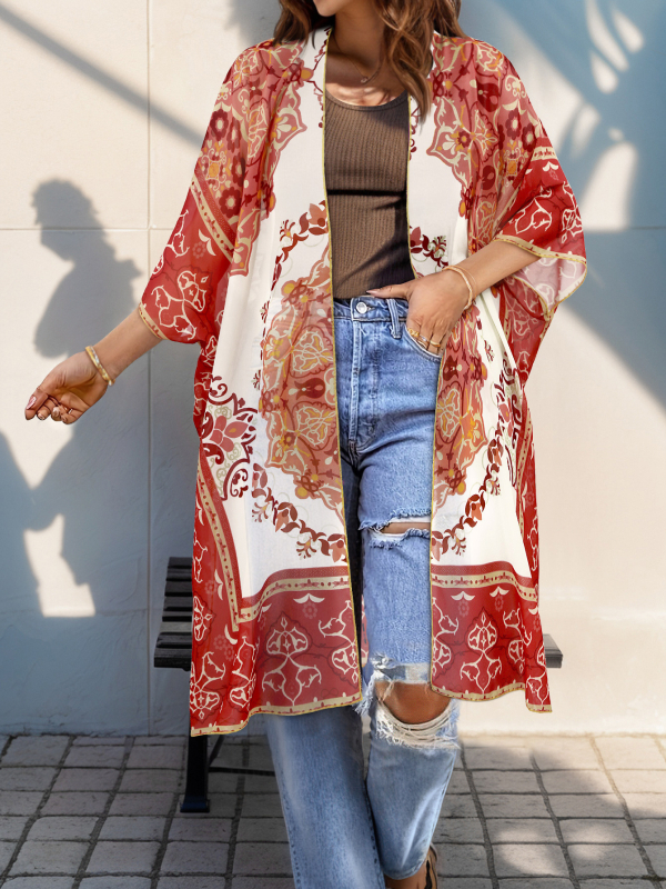 Кардиган с Азтек принт, ръкав тип Бат, дълъг шифонов полиестер, свободна кройка, UPF30+ защита