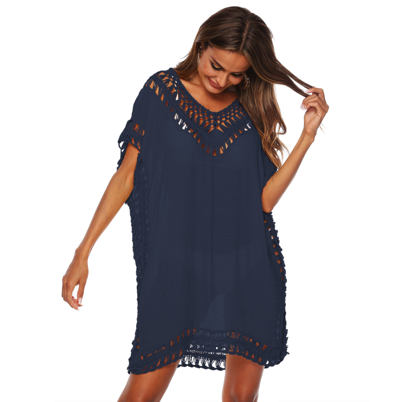 Rochie cover-up pentru plajă de bikini cu decolteu în V, detalii florale decupate, croială lejeră, într-un singur articol, material Slub bumbac cu poliester peste 95%