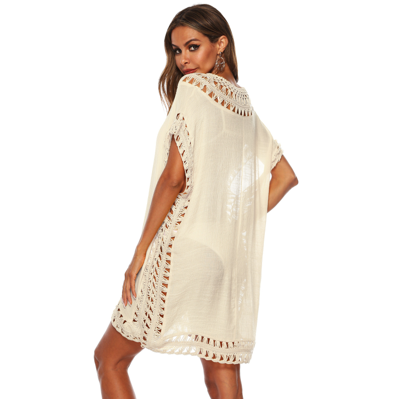 Rochie cover-up pentru plajă de bikini cu decolteu în V, detalii florale decupate, croială lejeră, într-un singur articol, material Slub bumbac cu poliester peste 95%