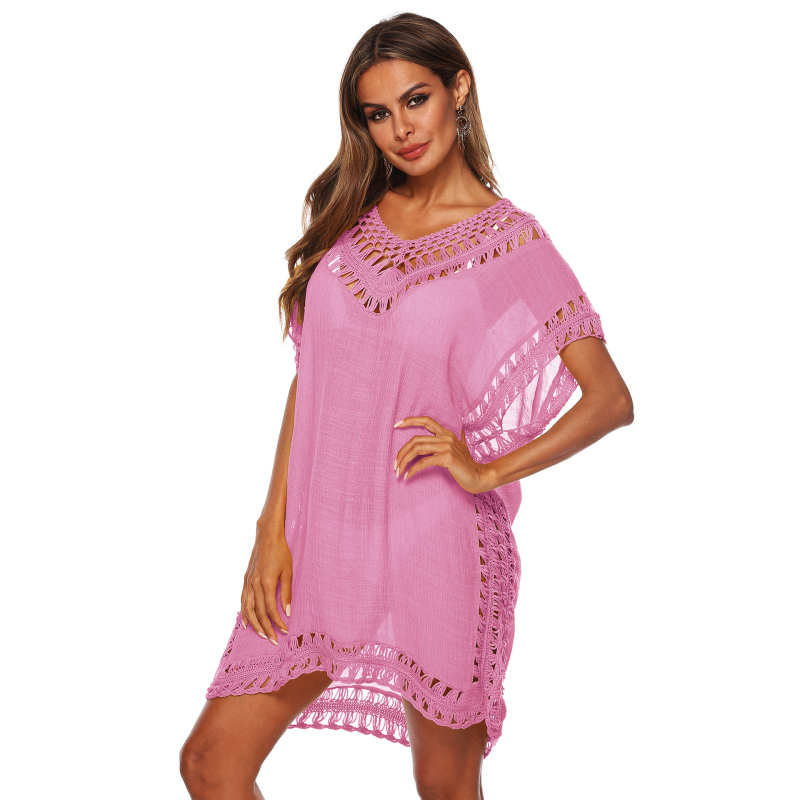 Rochie cover-up pentru plajă de bikini cu decolteu în V, detalii florale decupate, croială lejeră, într-un singur articol, material Slub bumbac cu poliester peste 95%