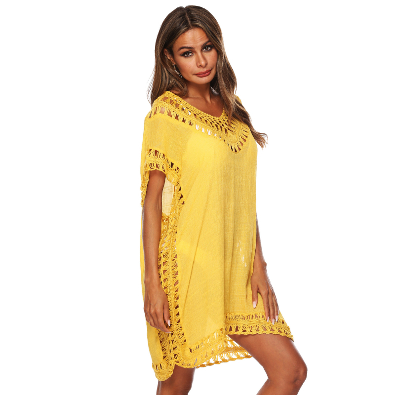 Rochie cover-up pentru plajă de bikini cu decolteu în V, detalii florale decupate, croială lejeră, într-un singur articol, material Slub bumbac cu poliester peste 95%