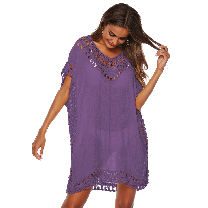 Rochie cover-up pentru plajă de bikini cu decolteu în V, detalii florale decupate, croială lejeră, într-un singur articol, material Slub bumbac cu poliester peste 95%