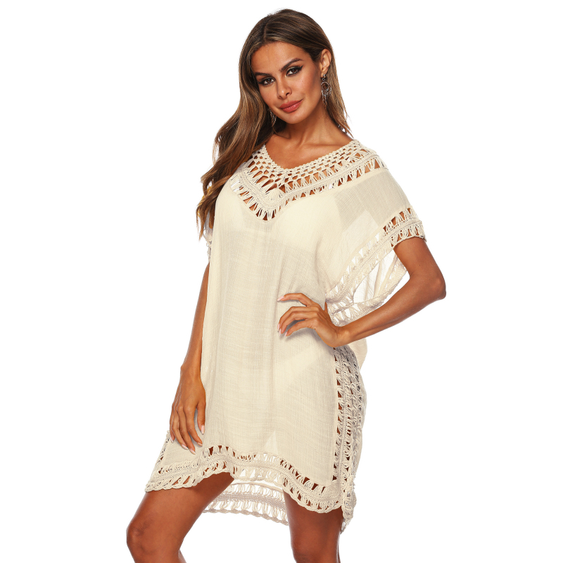 Rochie cover-up pentru plajă de bikini cu decolteu în V, detalii florale decupate, croială lejeră, într-un singur articol, material Slub bumbac cu poliester peste 95%
