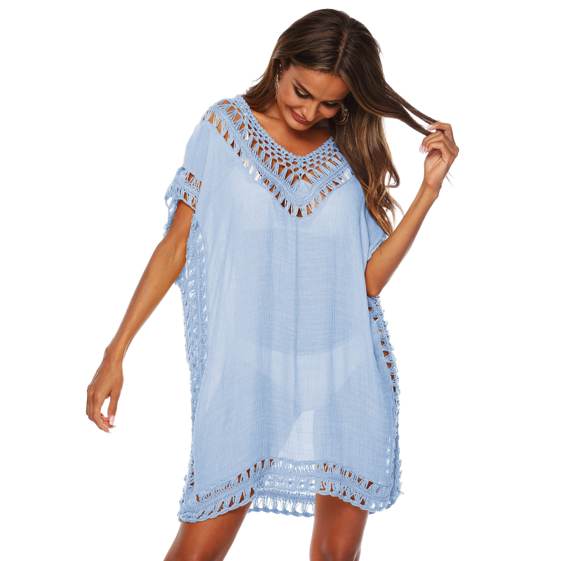 Rochie cover-up pentru plajă de bikini cu decolteu în V, detalii florale decupate, croială lejeră, într-un singur articol, material Slub bumbac cu poliester peste 95%