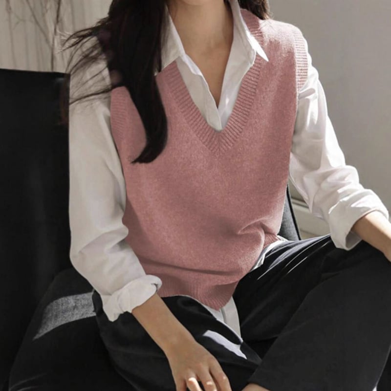 Moteriška megzta liemenė su V kaklu, be rankovių, akrilo-spandekso mišinys, ilgis 50–65 cm, Žieminė kolekcija 2025