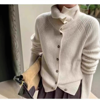 Cardigan de lână pentru femei - croială liberă, guler înalt, mâneci lungi, tricot gros