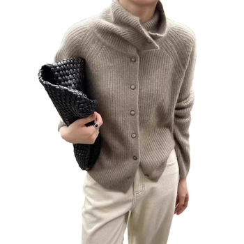 Cardigan de lână pentru femei - croială liberă, guler înalt, mâneci lungi, tricot gros