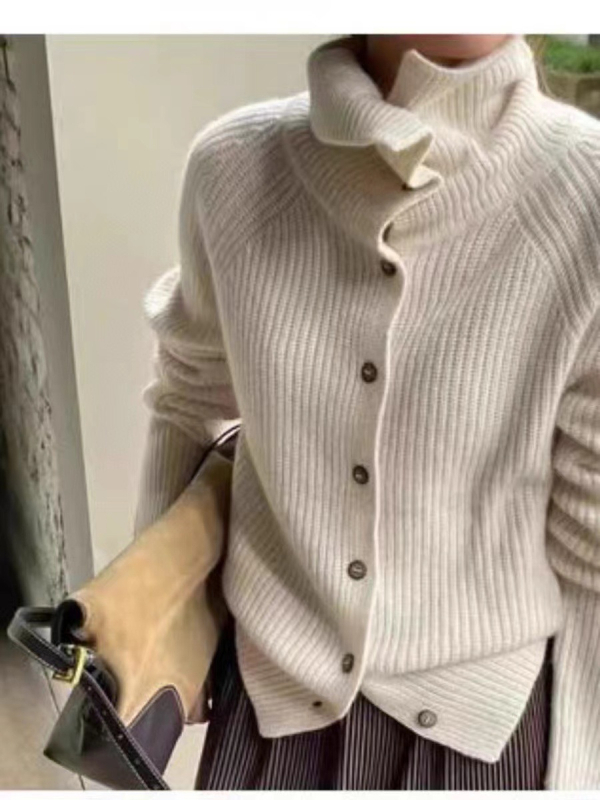 Cardigan de lână pentru femei - croială liberă, guler înalt, mâneci lungi, tricot gros