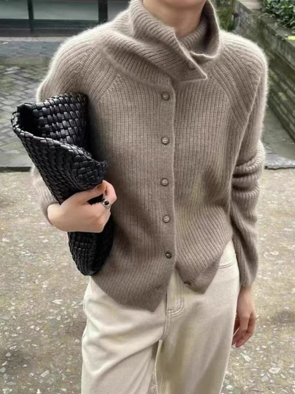 Cardigan de lână pentru femei - croială liberă, guler înalt, mâneci lungi, tricot gros