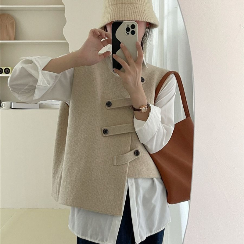 Korejskog stila pleteni vest kardigan, kratka duljina, okrugli ovratnik, slobodan kroj, dvostruko kopčanje