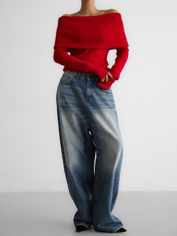 Pulover damă cu guler bateau, croială slim, mâneci lungi, tricot solid, amestec viscoză-spandex-poliester, grosime medie, toamnă 2024