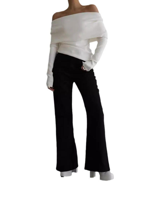 Pulover damă cu guler bateau, croială slim, mâneci lungi, tricot solid, amestec viscoză-spandex-poliester, grosime medie, toamnă 2024