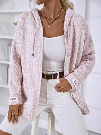 Naiste lukuga kampsun-jakk, polüestri-villasegu, V-kaelus, vaba lõige, keskmise pikkusega 50–65 cm