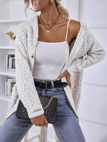 Γυναικείο ζακετάκι με φερμουάρ, με μείγμα πολυεστερικού και μαλλιού, V-ντεcolτε, χαλαρή γραμμή, μεσαίου μήκους 50–65 εκ, μακριά μανίκια