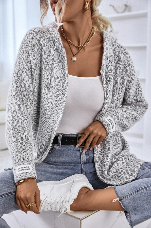 Női cipzáros kötött kardigán, poliészter-szál keverék, V-nyak, laza szabás, közép hosszú, 50–65 cm