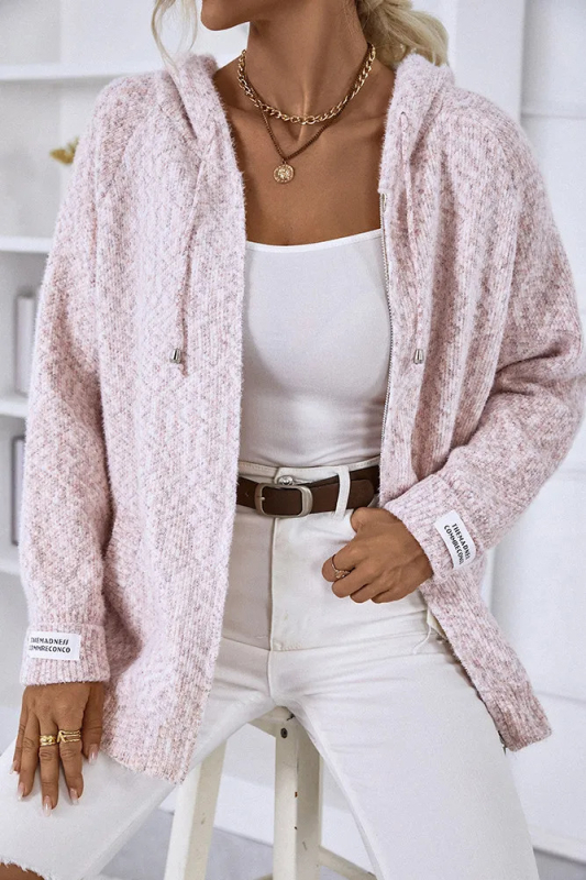 Női cipzáros kötött kardigán, poliészter-szál keverék, V-nyak, laza szabás, közép hosszú, 50–65 cm