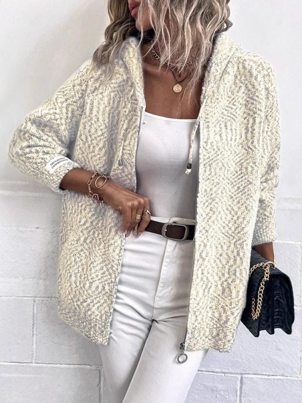 Naiste lukuga kampsun-jakk, polüestri-villasegu, V-kaelus, vaba lõige, keskmise pikkusega 50–65 cm