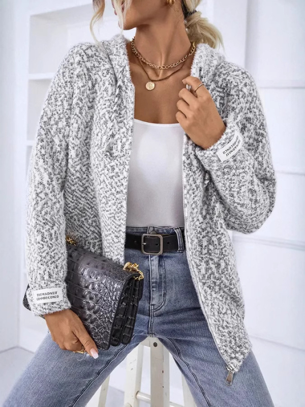 Női cipzáros kötött kardigán, poliészter-szál keverék, V-nyak, laza szabás, közép hosszú, 50–65 cm