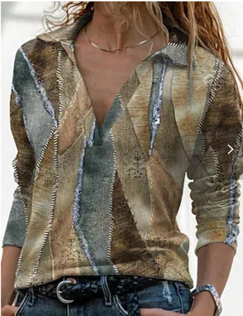 Тениска с V-образно деколте, дълги ръкави, флорална щампа, полиестерова материя