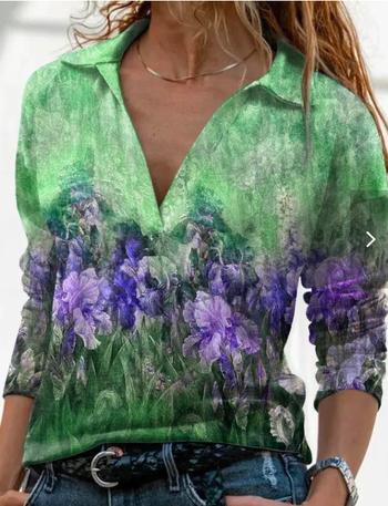 Тениска с V-образно деколте, дълги ръкави, флорална щампа, полиестерова материя