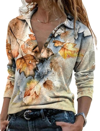 Тениска с V-образно деколте, дълги ръкави, флорална щампа, полиестерова материя