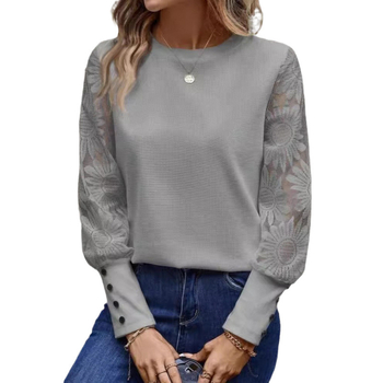 Дантелен топ с дълги ръкави, кръгла яка, стандартна кройка, едноцветен