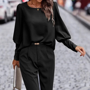 Женска тениска с дълги ръкави, кръгла яка, полиестер-спандекс смес, пуловер стил, ежедневна
