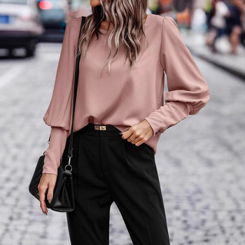 Женска тениска с дълги ръкави, кръгла яка, полиестер-спандекс смес, пуловер стил, ежедневна