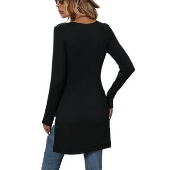 Рокля с едноцветен дизайн, дълги ръкави, кръгло деколте, висока талия, полиестер.