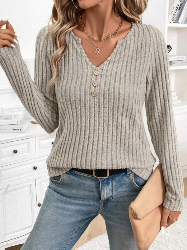 Ženski pleteni top s V izrezom i dugim rukavima, kopče sprijeda, poliester, obična duljina 50–65 cm, jesen 2024
