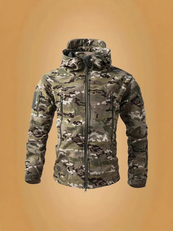 Geacă tactical pentru bărbați cu glugă, croială ajustată, căptușeală din fleece, țesătură din amestec de bumbac (81% poliester), multiple buzunare, potrivită pentru toamnă