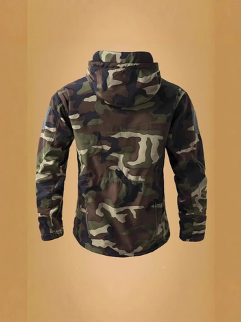 Geacă tactical pentru bărbați cu glugă, croială ajustată, căptușeală din fleece, țesătură din amestec de bumbac (81% poliester), multiple buzunare, potrivită pentru toamnă