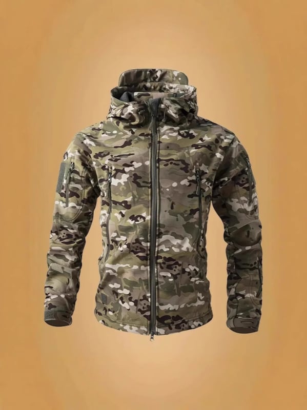 Geacă tactical pentru bărbați cu glugă, croială ajustată, căptușeală din fleece, țesătură din amestec de bumbac (81% poliester), multiple buzunare, potrivită pentru toamnă