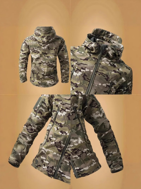 Geacă tactical pentru bărbați cu glugă, croială ajustată, căptușeală din fleece, țesătură din amestec de bumbac (81% poliester), multiple buzunare, potrivită pentru toamnă