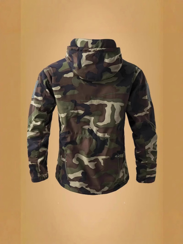 Geacă tactical pentru bărbați cu glugă, croială ajustată, căptușeală din fleece, țesătură din amestec de bumbac (81% poliester), multiple buzunare, potrivită pentru toamnă