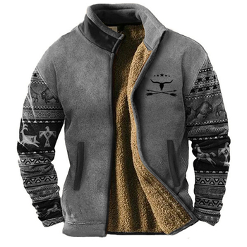 Ανδρικό μπουφάν από βαμβάκι με φλις επένδυση, καρό σχέδιο, σταθερός γιακάς, φερμουάρ εμπρός, πολυεστερικό γέμισμα και επένδυση, αθλητικό στυλ καρντάγκαν