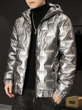 Ανδρικό καπιτονέ μπουφάν με κουκούλα σε κορεάτικο στυλ, φερμουάρ, μονόχρωμο, ύφασμα πολυεστέρας, επένδυση πολυεστέρας, γέμισμα πολυεστέρας