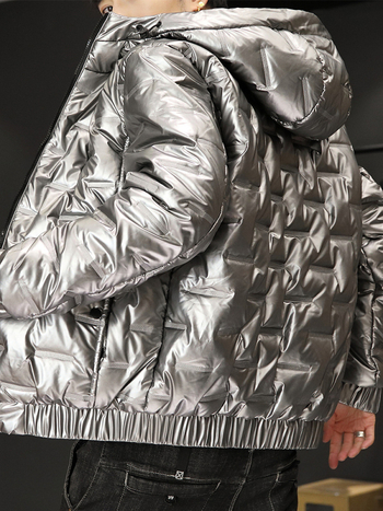 Ανδρικό καπιτονέ μπουφάν με κουκούλα σε κορεάτικο στυλ, φερμουάρ, μονόχρωμο, ύφασμα πολυεστέρας, επένδυση πολυεστέρας, γέμισμα πολυεστέρας