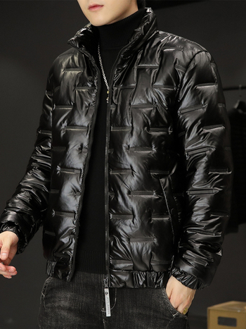 Ανδρικό καπιτονέ μπουφάν με κουκούλα σε κορεάτικο στυλ, φερμουάρ, μονόχρωμο, ύφασμα πολυεστέρας, επένδυση πολυεστέρας, γέμισμα πολυεστέρας