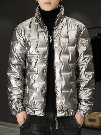 Ανδρικό καπιτονέ μπουφάν με κουκούλα σε κορεάτικο στυλ, φερμουάρ, μονόχρωμο, ύφασμα πολυεστέρας, επένδυση πολυεστέρας, γέμισμα πολυεστέρας