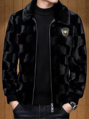 Muško palto od umjetnog krzna s jacquard uzorkom životinjskog dizajna, rever, prednji zatvarač, slobodan kroj