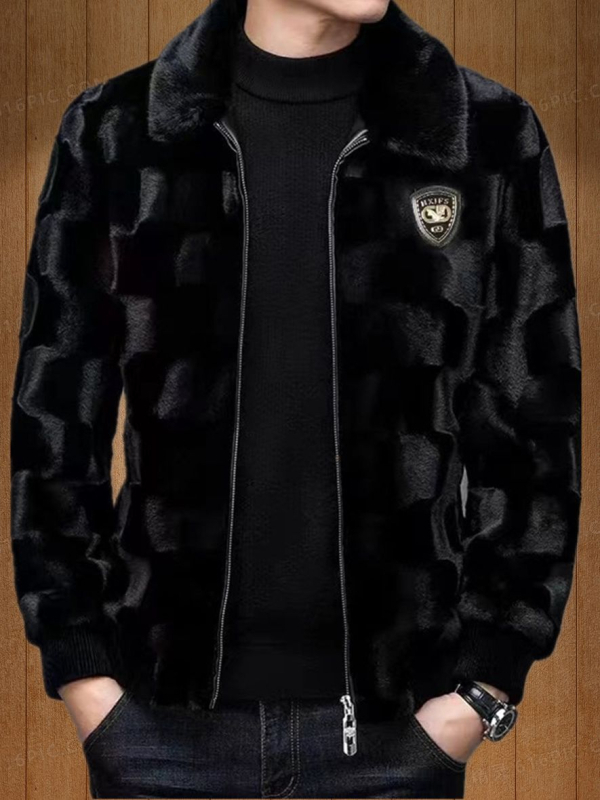 Muško palto od umjetnog krzna s jacquard uzorkom životinjskog dizajna, rever, prednji zatvarač, slobodan kroj