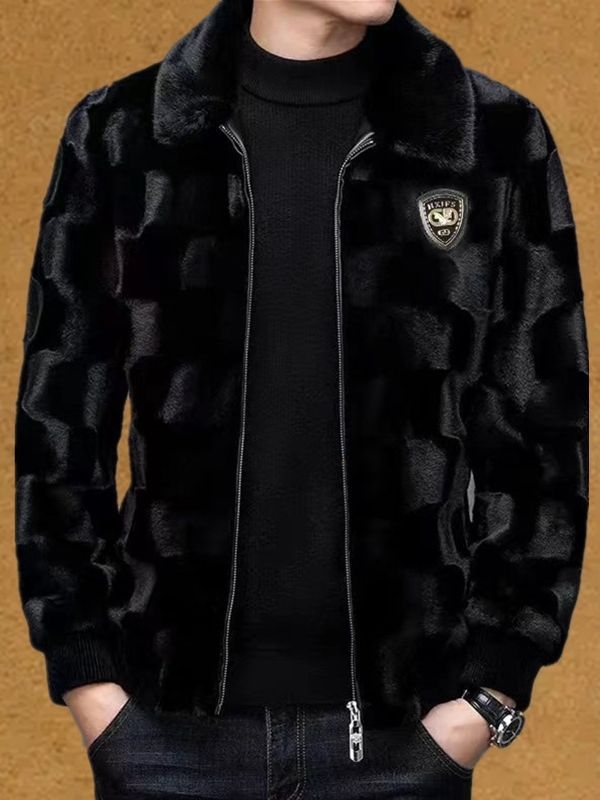 Muško palto od umjetnog krzna s jacquard uzorkom životinjskog dizajna, rever, prednji zatvarač, slobodan kroj