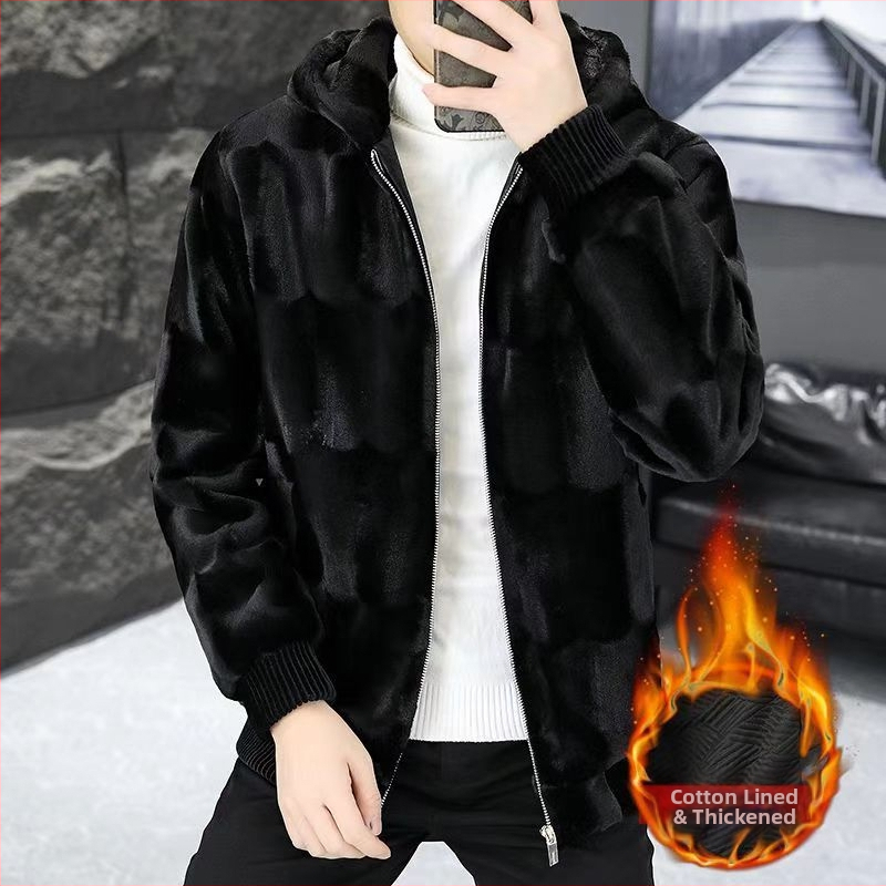 Muško palto od umjetnog krzna s jacquard uzorkom životinjskog dizajna, rever, prednji zatvarač, slobodan kroj