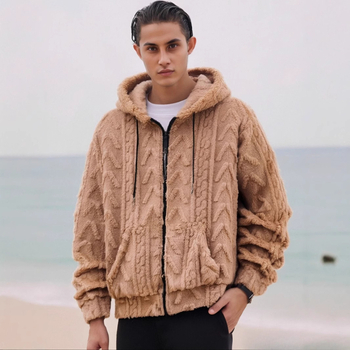 Muška corduroy jakna s kapuljačom, zipom, prugasti uzorak, uski kroj, zimska verzija