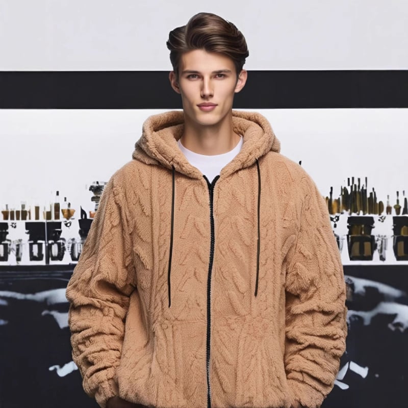 Muška corduroy jakna s kapuljačom, zipom, prugasti uzorak, uski kroj, zimska verzija