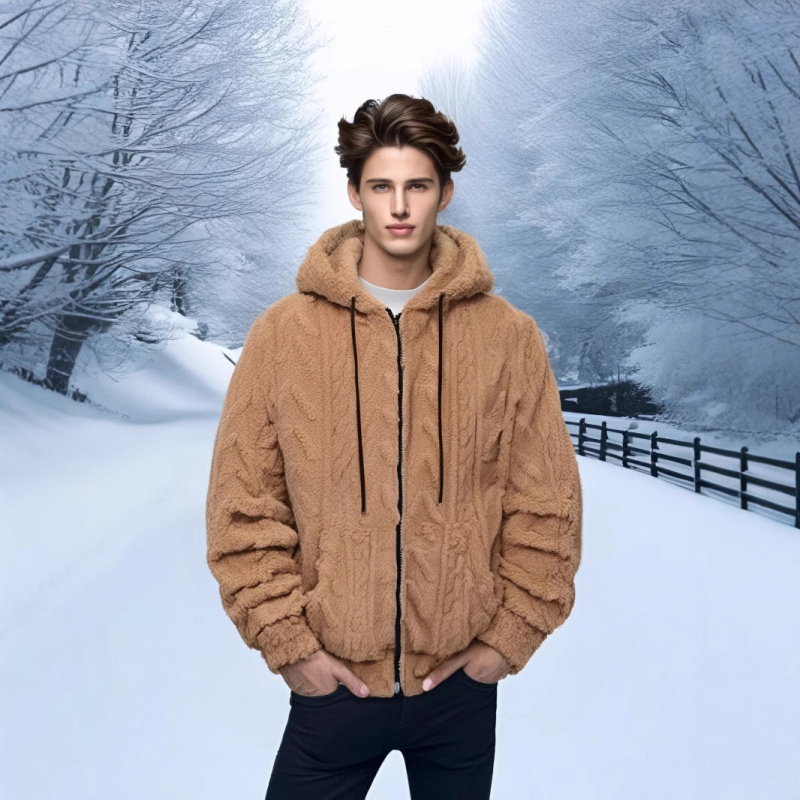 Muška corduroy jakna s kapuljačom, zipom, prugasti uzorak, uski kroj, zimska verzija